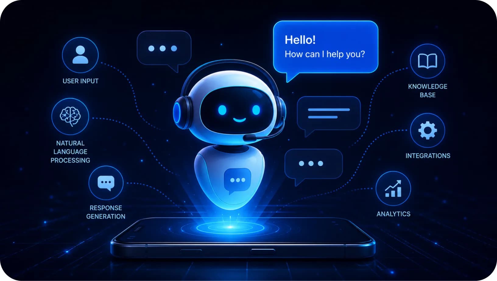 Assistant avatar surrounded by user input, language processing and analytics nodes