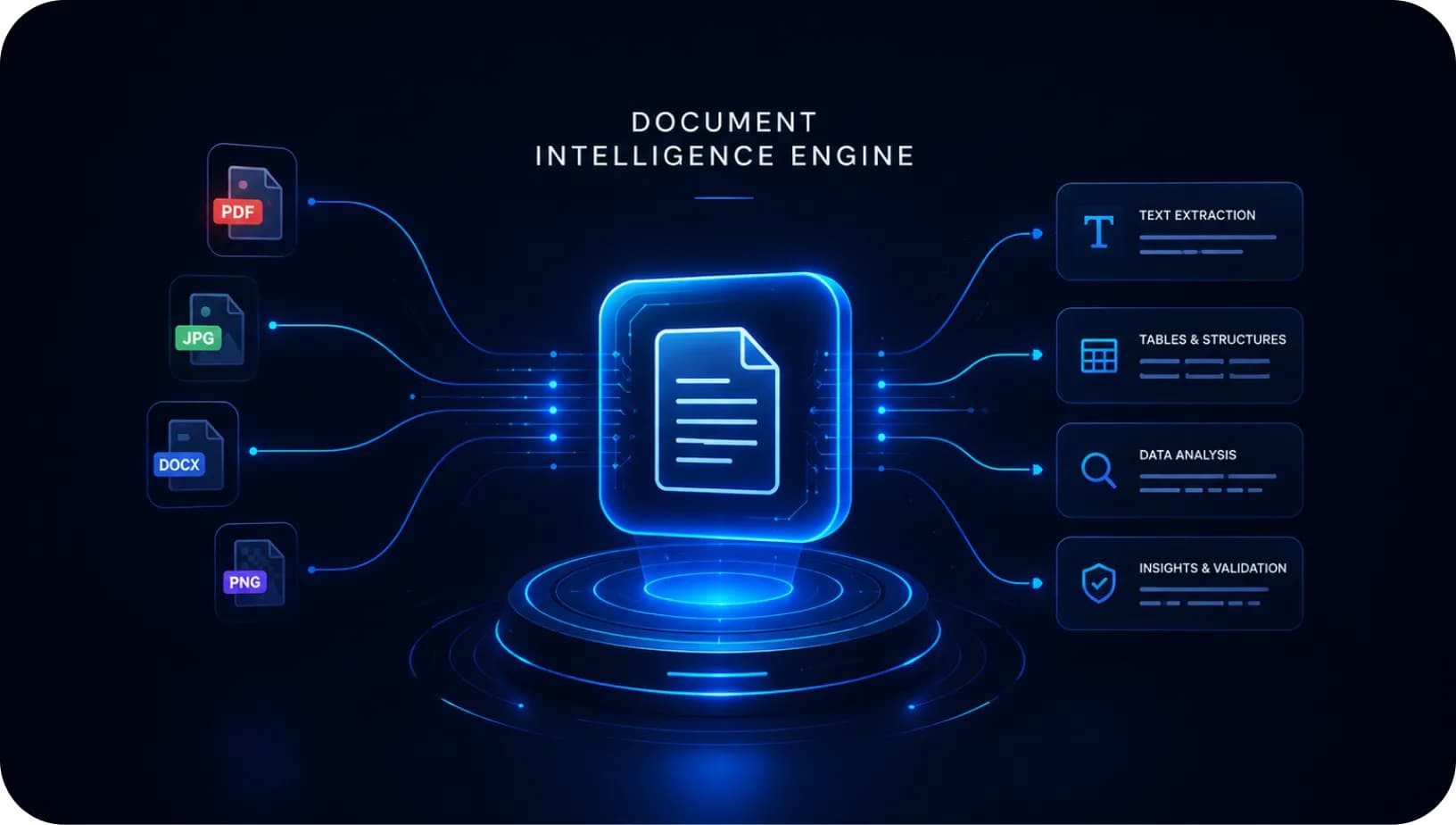Document formats feeding an engine that extracts text, tables and insights
