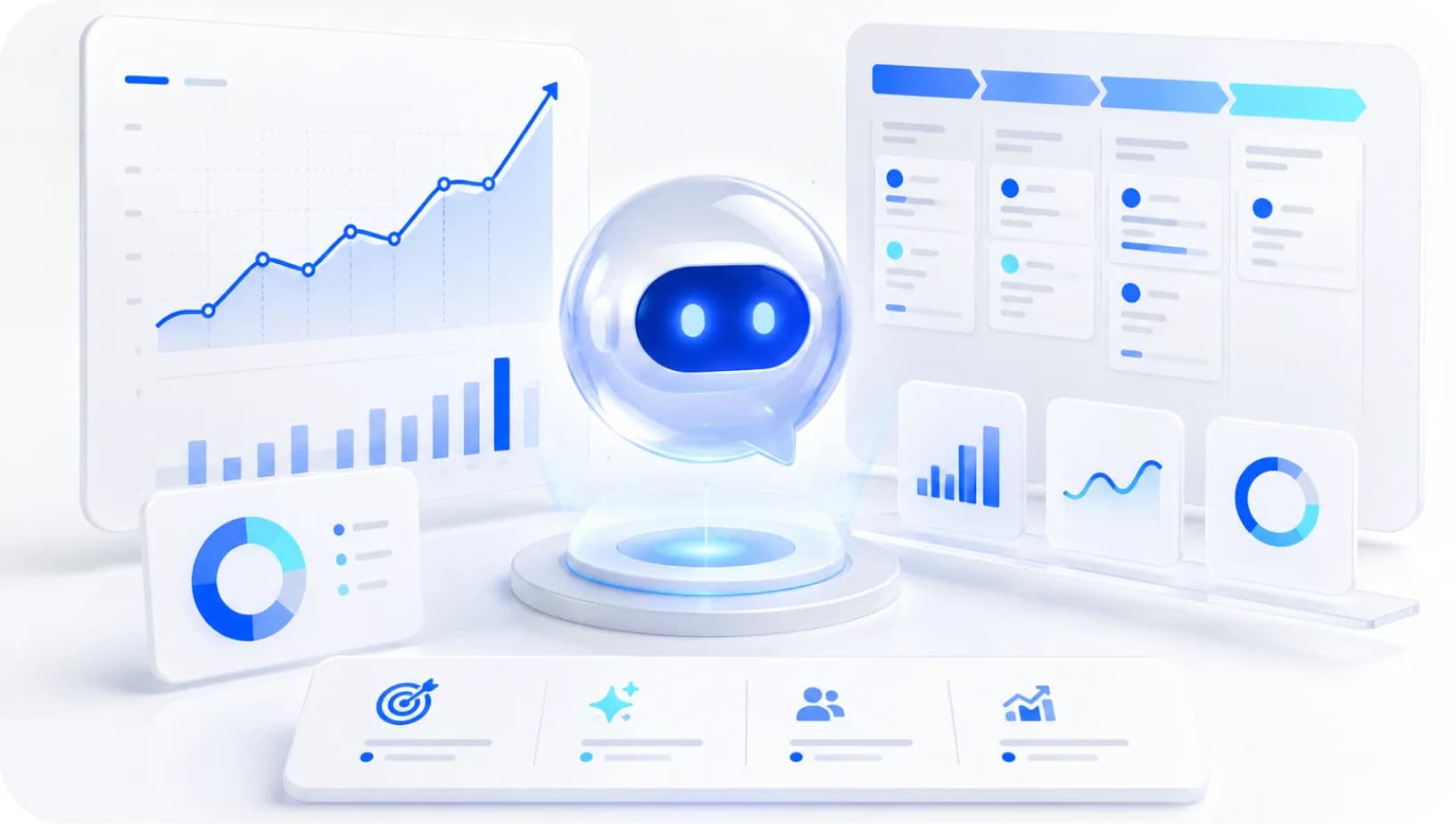 Sales dashboards and charts arranged around an AI copilot avatar